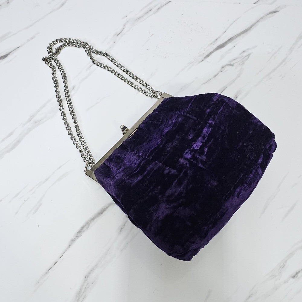 Vintage Purple Velvet Evening Bag Silver Frame Chain Strap Kiss Lock Purse - Picture 8 of 16